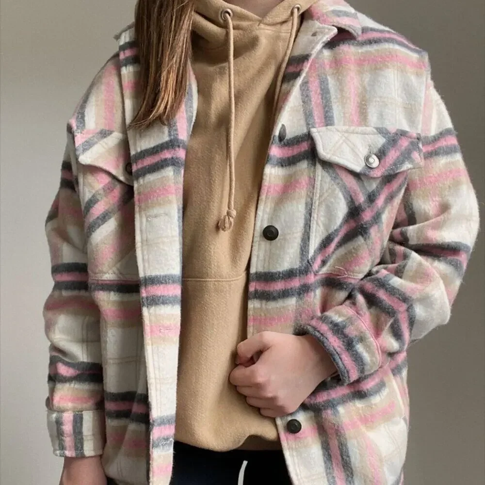 Zara Pink, Beige Plaid Check Overshirt Jacket / Shacket, Oversized 90s Grunge, S